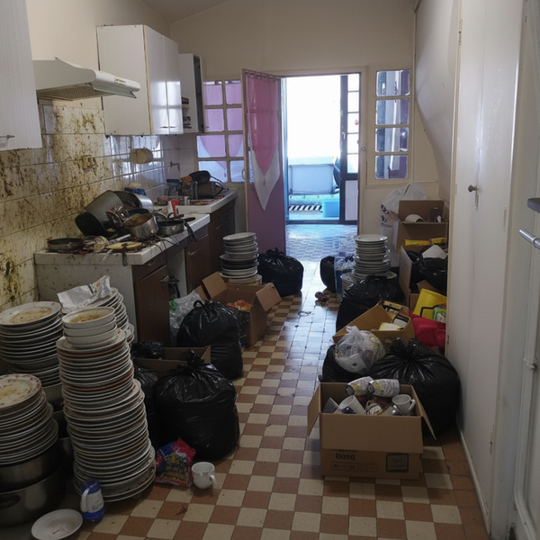 Photo d'une cuisine insalubre à Narbonne (11 Occitanie) avant notre intervention de nettoyage et de débarras, montrant des déchets et des piles de vaisselle.